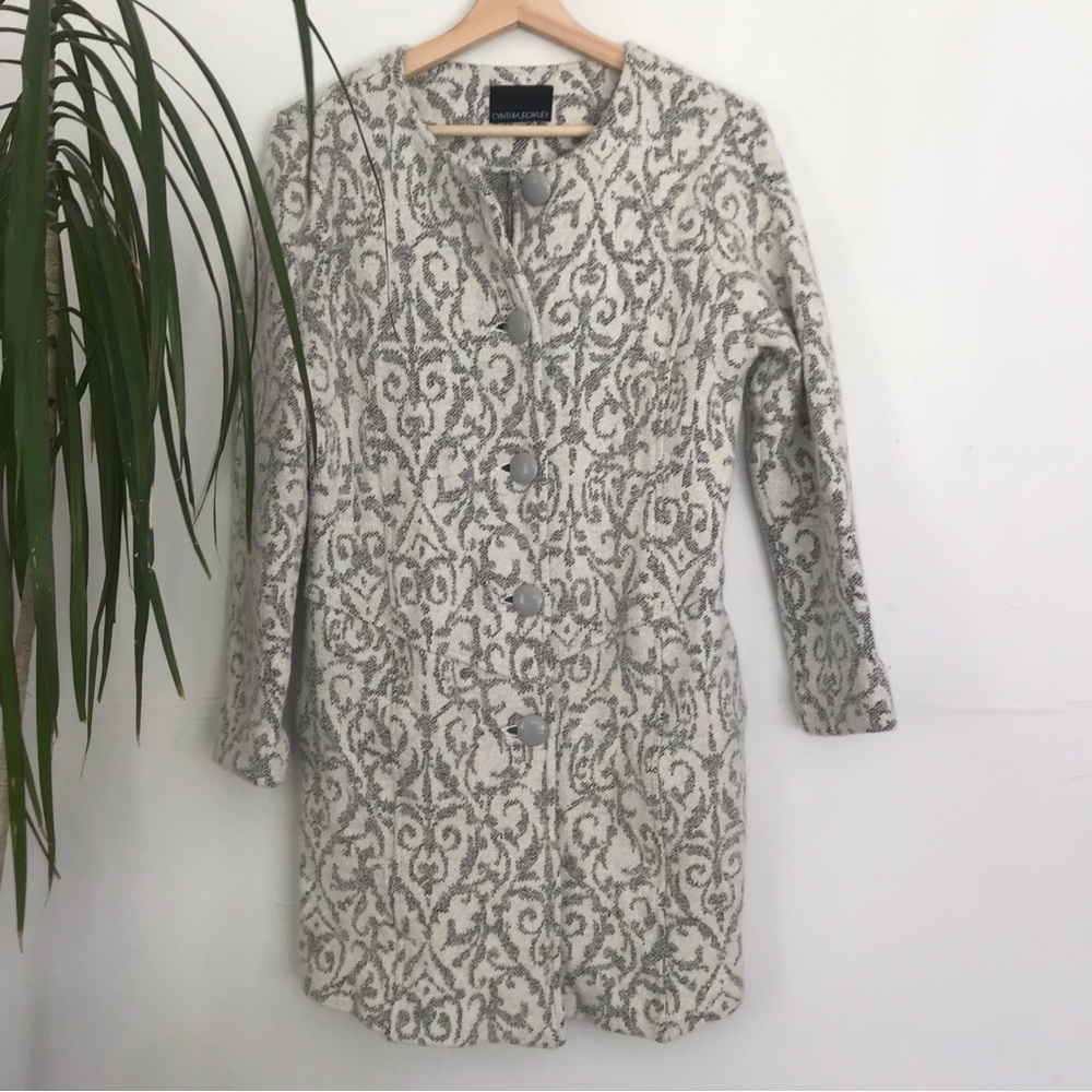 CYNTIA ROWLEY Women’s White Gray Tribal Print Wool Blend Cardigan Pockets Size M